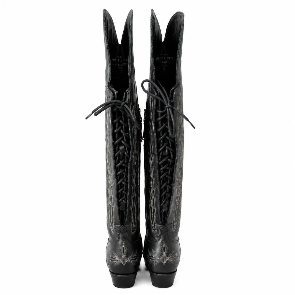 Lane Lexington Corset Boots Women's Size 11 Black Leather Over The Knee